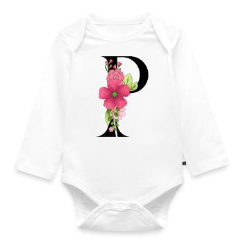 Elegant letter 'P' with flowers - Organic Longsleeve Baby Bodysuit - white - Front