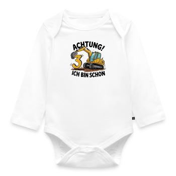 3rd Birthday 3 Years Excavator Construction Vehicle Construction Site - Organic Longsleeve Baby Bodysuit - white - Front