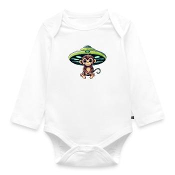 Alien UFO and seated chimpanzee - Organic Longsleeve Baby Bodysuit - white - Front
