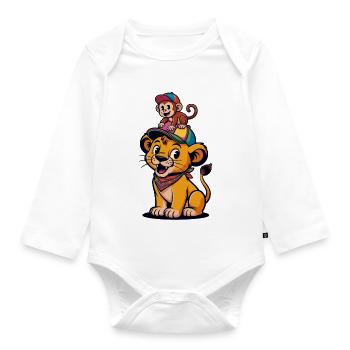 Cute Lion and Monkey – Best Friends Cartoon Style - Organic Longsleeve Baby Bodysuit - white - Front
