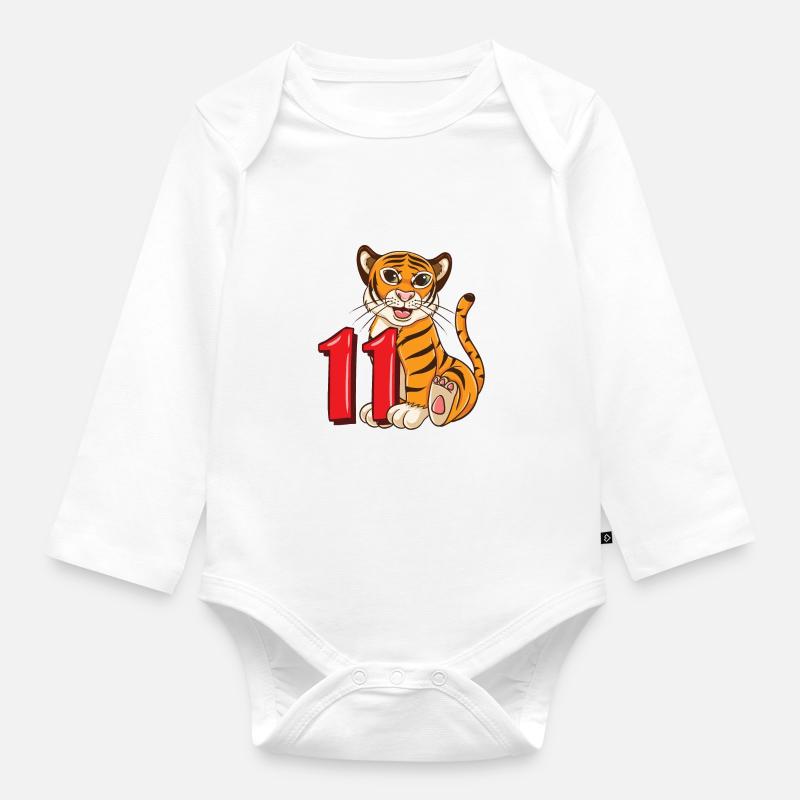 11 anniversaire Zoo Tiger 11 ans - Body Bébé bio manches longues - blanc