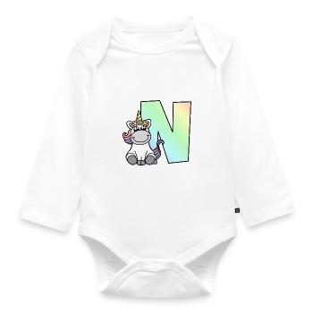 Unicorn Letter N - Organic Longsleeve Baby Bodysuit - white - Front