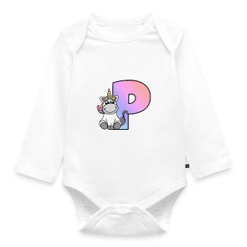 Unicorn Letter P - Organic Longsleeve Baby Bodysuit - white - Front