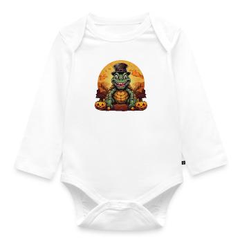 Halloween sunset with turtle, dinosaur and pumpkin - Organic Longsleeve Baby Bodysuit - white - Front