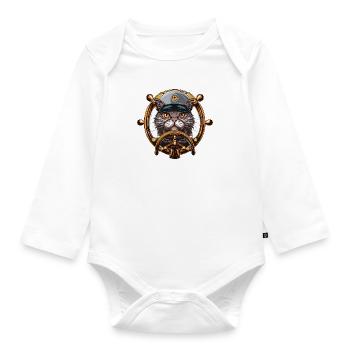 Capitaine de chat au volant - Aventure à la voile - Body Bébé bio manches longues - blanc - Devant