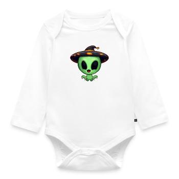 Green alien celebrates Halloween - Organic Longsleeve Baby Bodysuit - white - Front