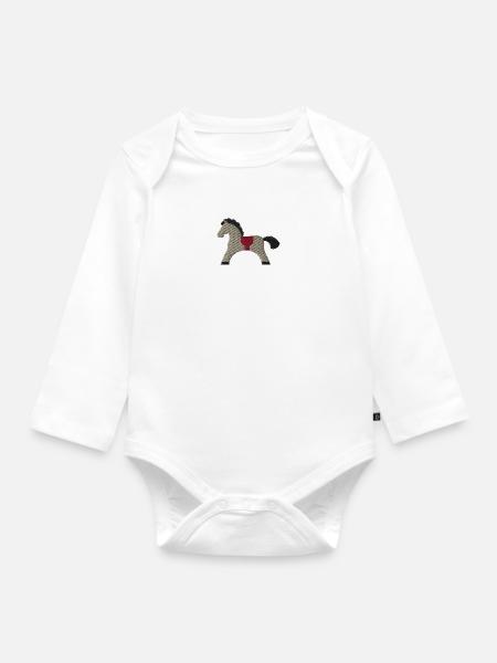 Cheval en bois brodé - Body Bébé bio manches longues - blanc