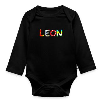 Name Leon with colorful letters - Organic Longsleeve Baby Bodysuit - black - Front