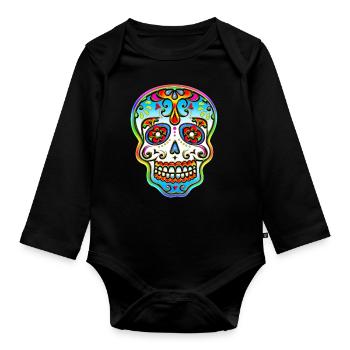 Totenkopf Sugar Skull Bunt Musik Festival Blumen - Baby Bio-Langarm-Body - Schwarz - Vorne