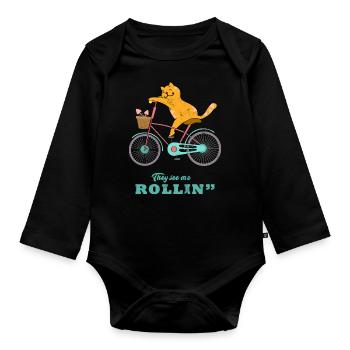 Cat Bike Rollin - Organic Longsleeve Baby Bodysuit - black - Front