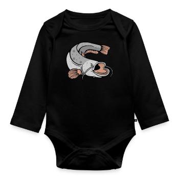 Waller, Wels, Catfish - Anglershirt Illustration - Baby Bio-Langarm-Body - Schwarz - Vorne