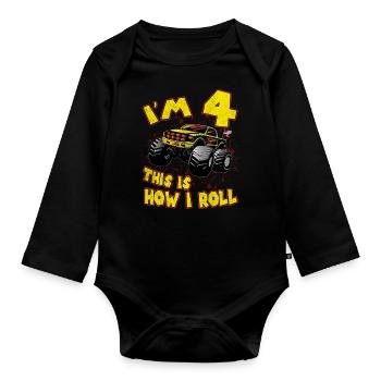 4th birthday monster truck gift car kids - Organic Longsleeve Baby Bodysuit - black - Front
