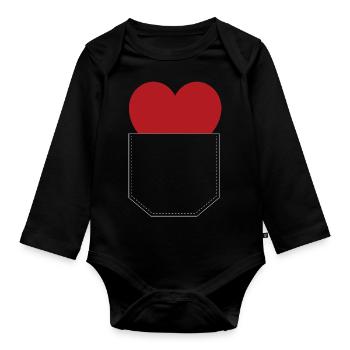 Idée cadeau coeur de poche poitrine blanche - Body Bébé bio manches longues - noir - Devant