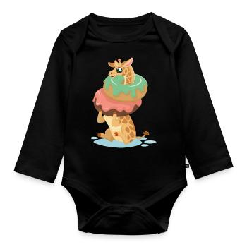 Süße Giraffe Donut Essen Zoo Safari Tier Geschenk - Baby Bio-Langarm-Body - Schwarz - Vorne