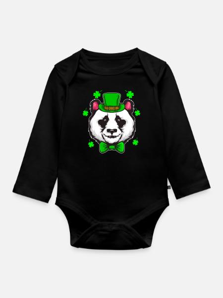 St Patricks Day Panda Kleeblatt Irland Geschenk - Baby Bio-Langarm-Body - Schwarz