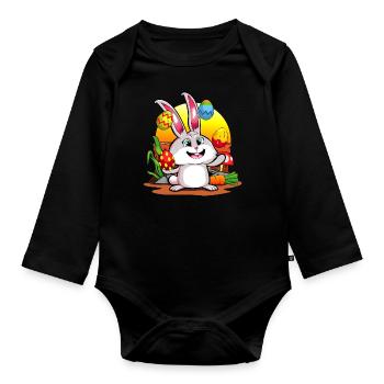 Osterhase | Frohe Ostern Bunte Eier Jonglieren - Baby Bio-Langarm-Body - Schwarz - Vorne