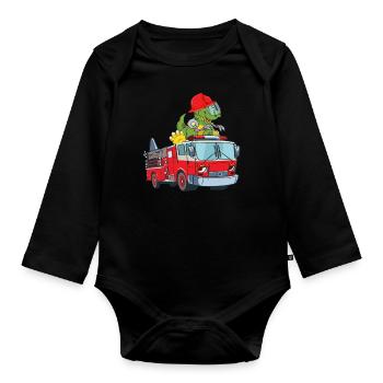 Fire department car emergency vehicle with Dino - Organic Longsleeve Baby Bodysuit - black - Front