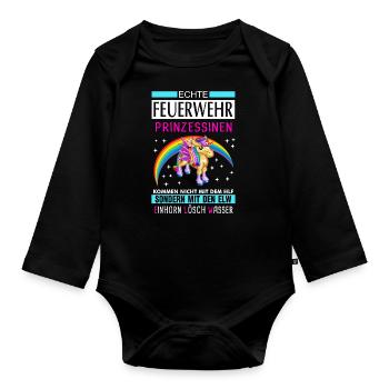 Firefighter woman unicorn saying gift - Organic Longsleeve Baby Bodysuit - black - Front