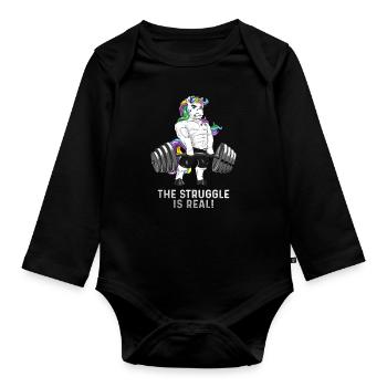 Unicorn deadlift the struggle is real gift - Organic Longsleeve Baby Bodysuit - black - Front