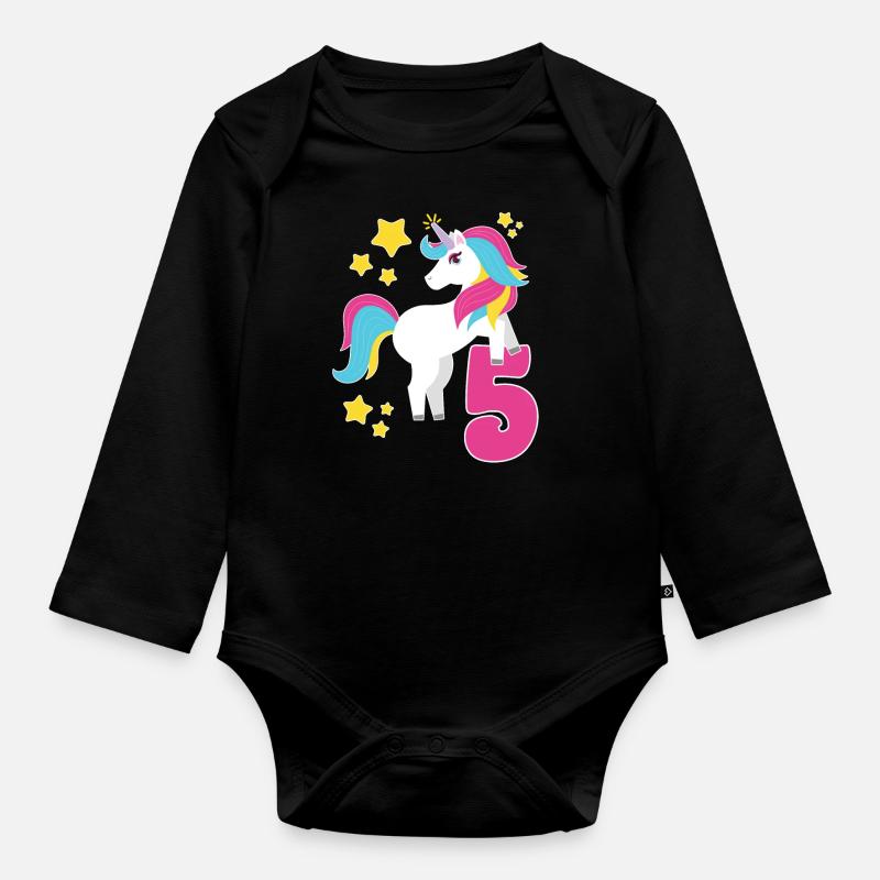 5. Geburtstag Einhorn Ich Bin Schon 5 Geschenk - Baby Bio-Langarm-Body - Schwarz