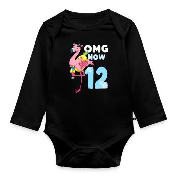 12 ans cadeau flamant rose fille anniversaire - Body Bébé bio manches longues - noir - Devant