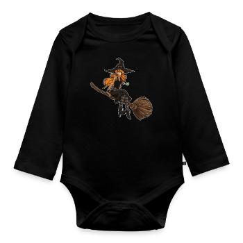 Cute Witch Sits On Her Broom | Halloween - Organic Longsleeve Baby Bodysuit - black - Front