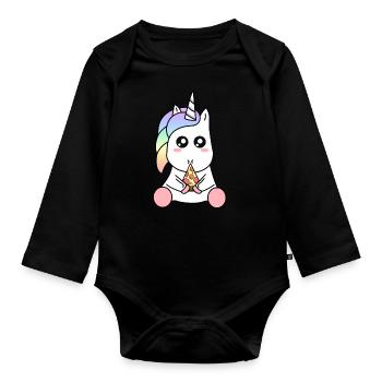 Süße lustige Kawaii Einhorn essen Pizza Slice - Baby Bio-Langarm-Body - Schwarz - Vorne