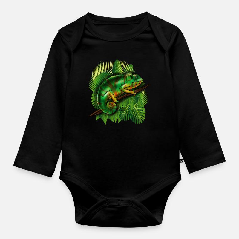 Chamäleon-Dschungel-tierisches cooles Eidechsen-tropisches Geschenk - Baby Bio-Langarm-Body - Schwarz