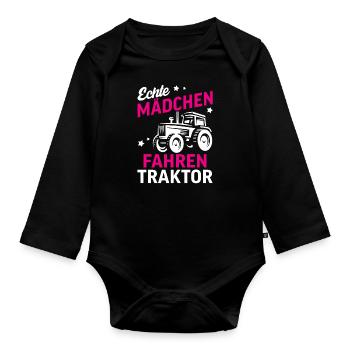 Echte Mädchen fahren Traktor - Baby Bio-Langarm-Body - Schwarz - Vorne