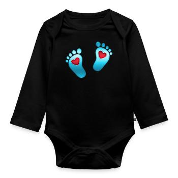 Baby feet heart baby footprint mom boy blue feet - Organic Longsleeve Baby Bodysuit - black - Front
