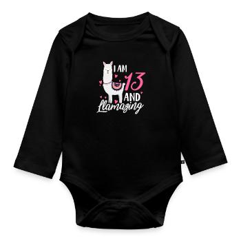 13th birthday llama - Organic Longsleeve Baby Bodysuit - black - Front