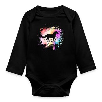 Pferd Im Farbklecks I Reiten Kunst Farbspritzer - Baby Bio-Langarm-Body - Schwarz - Vorne