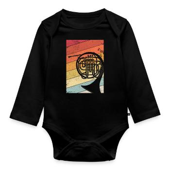 Waldhorn Grafik. Retro Style Brass Band Design - Baby Bio-Langarm-Body - Schwarz - Vorne