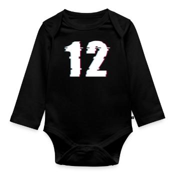 12 Zwölf Twelve Zahl Effekt Verzerrt Nummer - Baby Bio-Langarm-Body - Schwarz - Vorne
