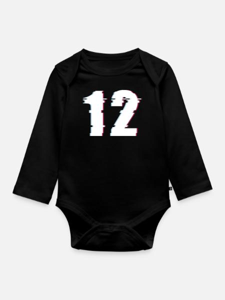 12 Zwölf Twelve Zahl Effekt Verzerrt Nummer - Baby Bio-Langarm-Body - Schwarz