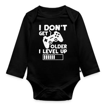 Je ne vieillis pas Je monte de niveau - Anniversaire - Body Bébé bio manches longues - noir - Devant