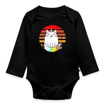 Einhorn Katze Regenbogen Sonnenuntergang - Baby Bio-Langarm-Body - Schwarz - Vorne
