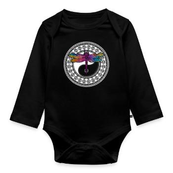 Mandala de yoga avec libellule et ying yang - Body Bébé bio manches longues - noir - Devant
