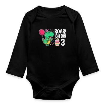 3rd birthday boy 3 years dinosaur T Rex - Organic Longsleeve Baby Bodysuit - black - Front
