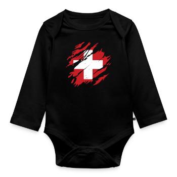 Suisse Drapeau Risses Rayures Rayures Rayures rayures CH - Body Bébé bio manches longues - noir - Devant