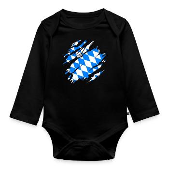 Bayern Flagge Risse Kratzer Bayerische BY - Baby Bio-Langarm-Body - Schwarz - Vorne