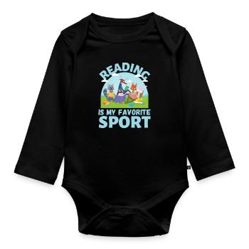 reading is my favorite sport animal reading books - Organic Longsleeve Baby Bodysuit - black - Front