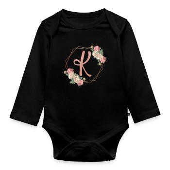 Couronne florale romantique initiale lettre K fleurs - Body Bébé bio manches longues - noir - Devant