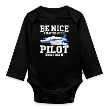 Funny pilot airplane passenger airplane flying - Organic Longsleeve Baby Bodysuit - black - Front