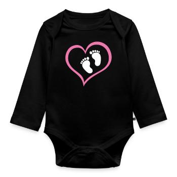 Baby Girl Footprint with Heart - Organic Longsleeve Baby Bodysuit - black - Front