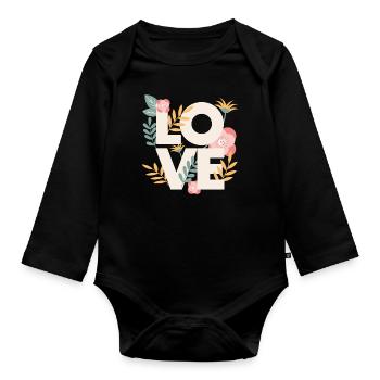 Love love motif Belles fleurs - Body Bébé bio manches longues - noir - Devant