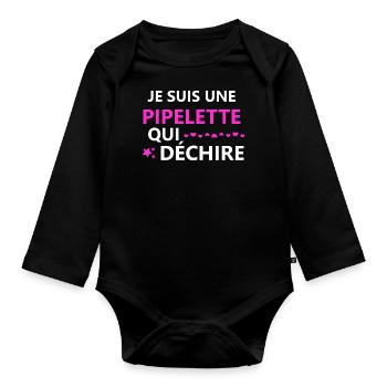 Je suis une pipelette - Body Bébé bio manches longues - noir - Devant