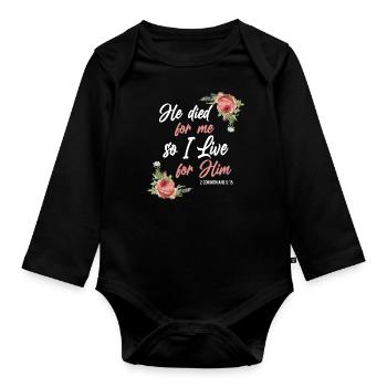 Christlicher Bibelvers Blume Schmetterling - Baby Bio-Langarm-Body - Schwarz - Vorne