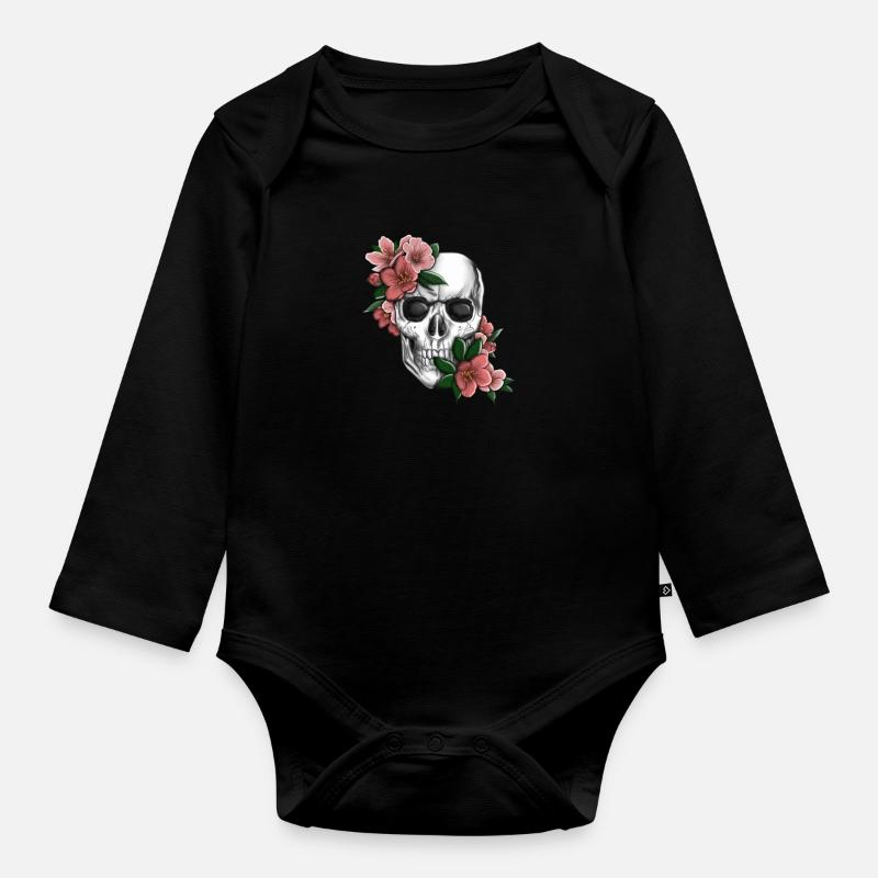 Tête de mort avec des fleurs - Body Bébé bio manches longues - noir