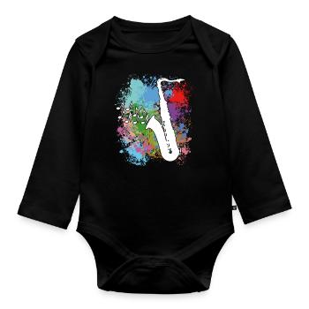 Saxophone on splashes of color - Organic Longsleeve Baby Bodysuit - black - Front